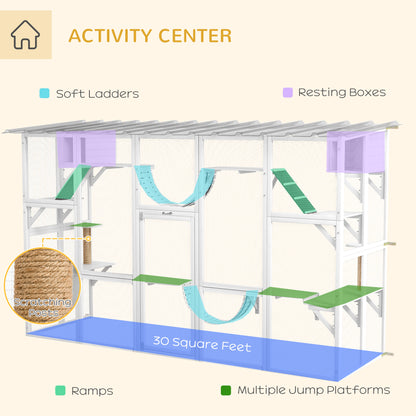 PawHut Catio Playground Cat Window Box Outside Enclosure for Multiple Cats w/ Shelves & Bridges, White