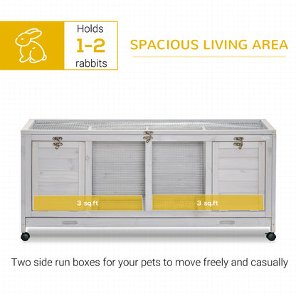PawHut Wooden Rabbit Hutch with Wheels, Dividers for Indoor Use, Light Gray