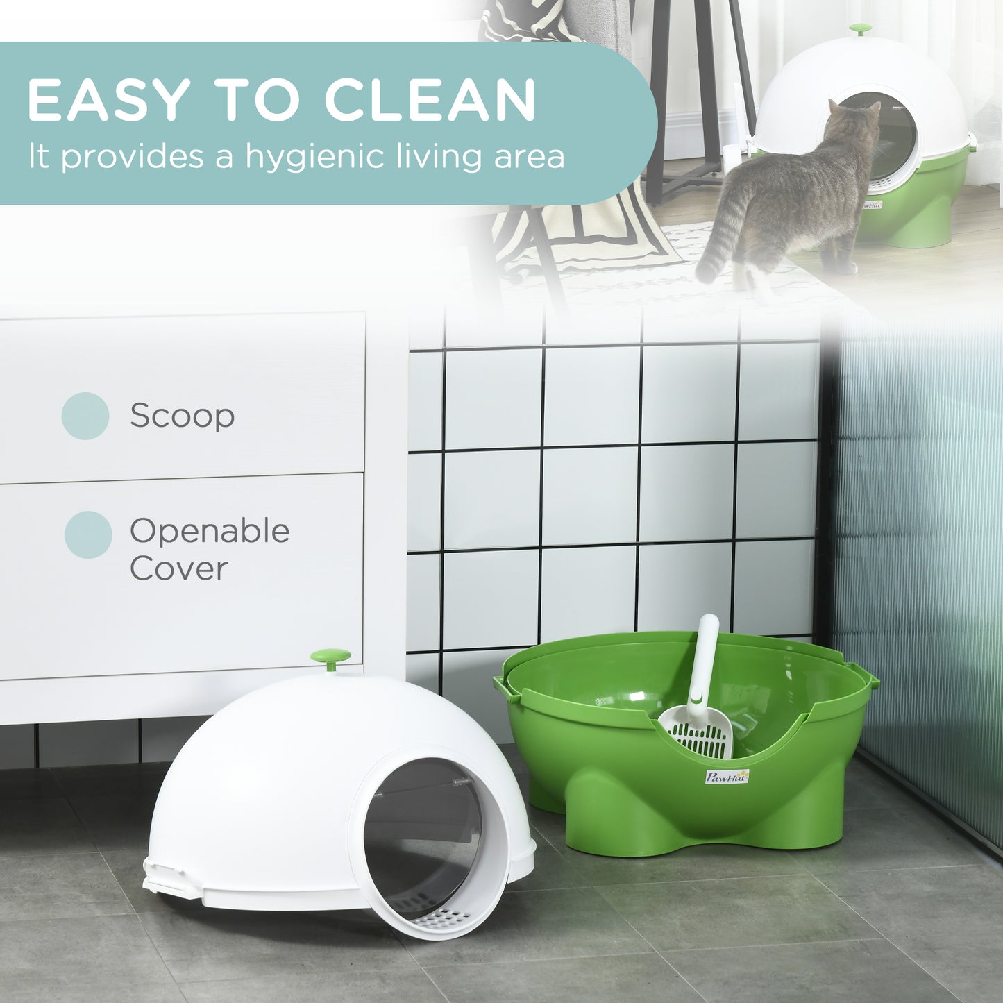 PawHut Hooded Cat Litter Box with Lid, Scoop, Leaking Sand Pedal, Top Handle, Dark Green