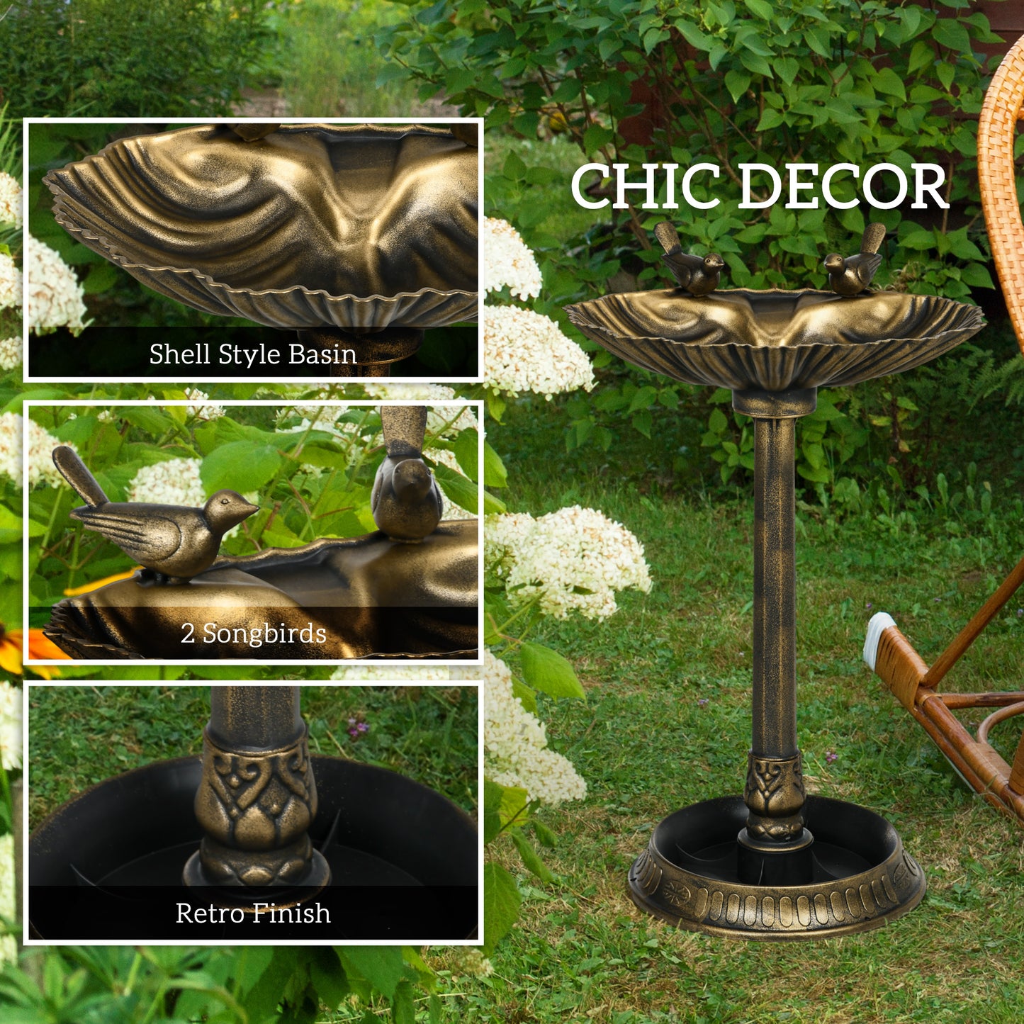 Outsunny 32" Antique Bird Bath Decorative Birdbath Bird Feeder Bowl with Planter Pedestal and Bird Statues, Bronze