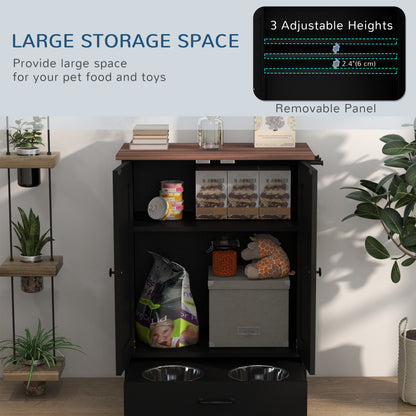 PawHut Pet Feeding Station, Dog Food Storage Cabinet w/ Raised Dog Bowls, Adjustable Panel, Hooks for Medium Dogs, Black