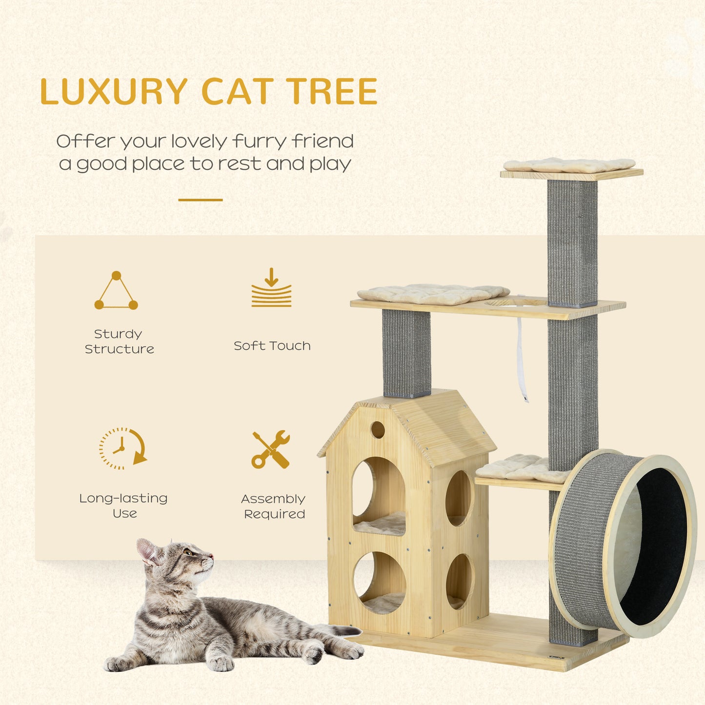 PawHut Cat Tree for Indoor Cats with Scratching Posts, Double-Layer House, 32" x 16" x 53", Natural