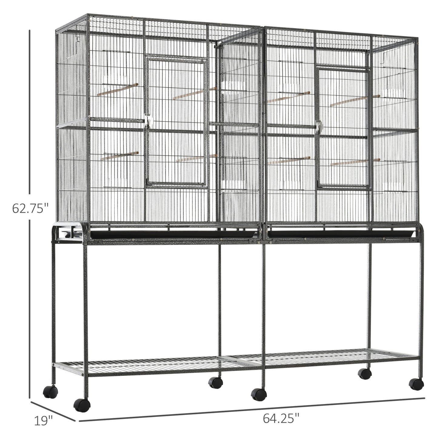PawHut Rolling 65"L Bird Cage w/ Storage Shelf Wood Perch Food Container