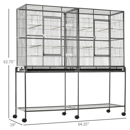 PawHut Rolling 65"L Bird Cage w/ Storage Shelf Wood Perch Food Container
