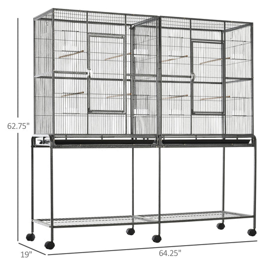 PawHut Rolling 65"L Bird Cage w/ Storage Shelf Wood Perch Food Container