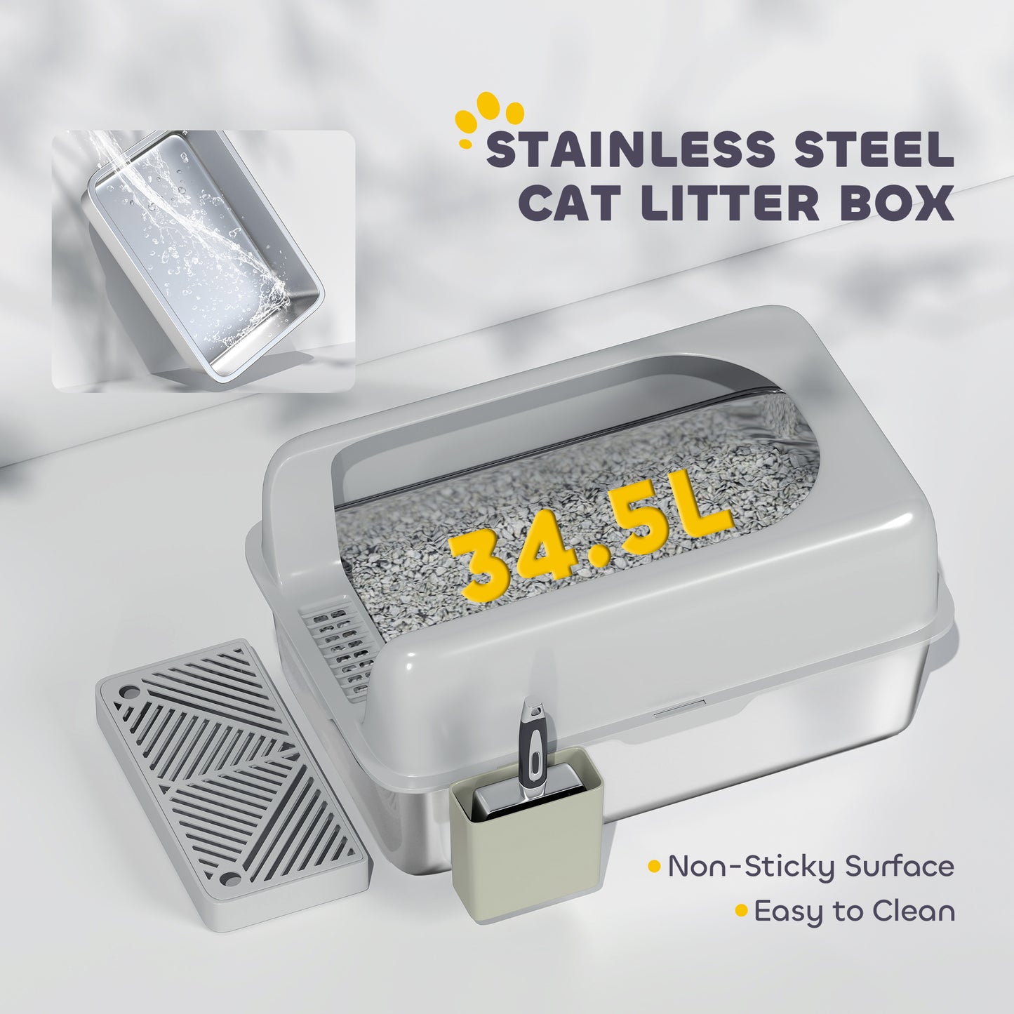 PawHut High Sided Stainless Steel Litter Box with Metal Scoop & Scoop Holder, for Easy Clean& Anti-Urine Leakage, Light Gray