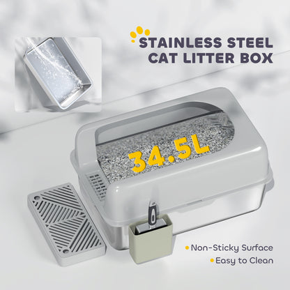 PawHut High Sided Stainless Steel Litter Box with Metal Scoop & Scoop Holder, for Easy Clean& Anti-Urine Leakage, Light Gray