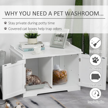 PawHut Wooden Cat Litter Box Enclosure, Hidden Cat Washroom, Kitten House with Nightstand End Table and Storage Rack Magnetic Doors, White