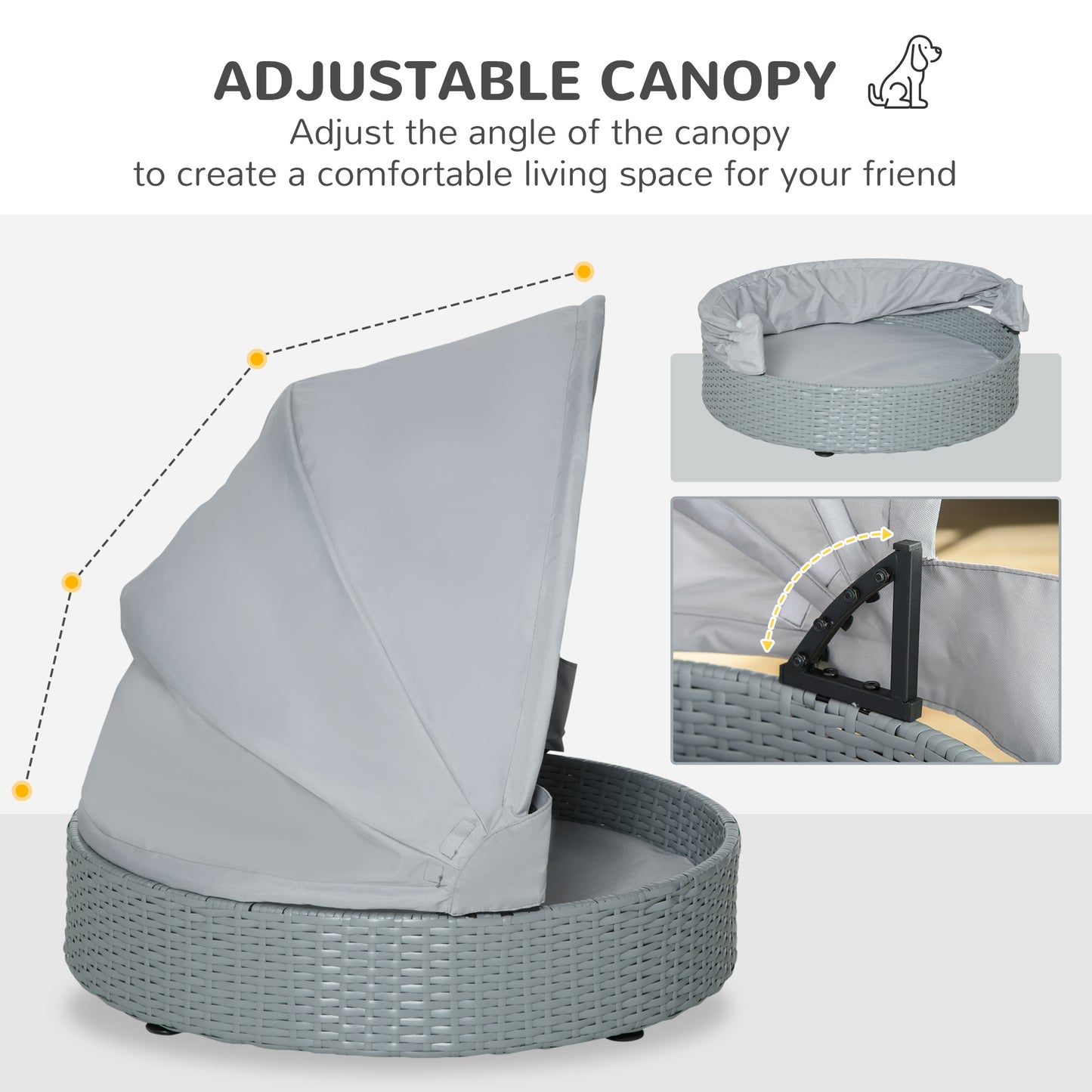 PawHut Wicker Dog Bed Rattan Pet Sofa with Adjustable Canopy Pet House Shelter for Small Dogs with Cushion Indoor Outdoor, Grey