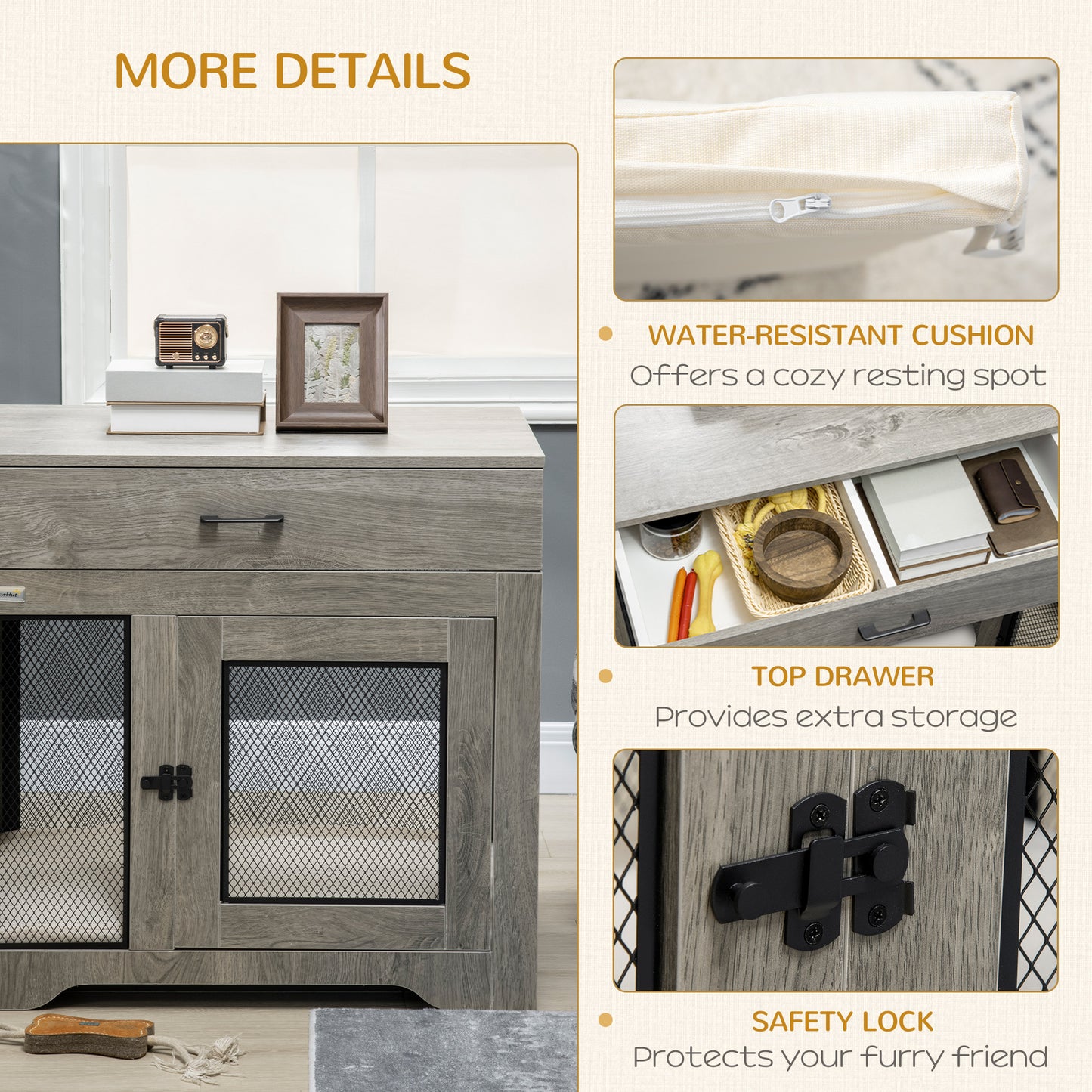 PawHut Dog Crate Furniture with Soft Water-Resistant Cushion, Dog Kennel End Table with Drawer, Puppy Crate for Small Dogs Indoor with 2 Doors, Gray