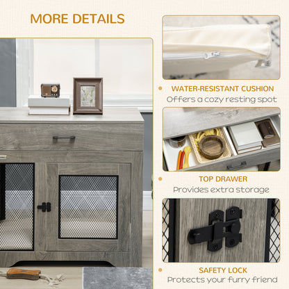 PawHut Dog Crate Furniture with Soft Water-Resistant Cushion, Dog Kennel End Table with Drawer, Puppy Crate for Small Dogs Indoor with 2 Doors, Gray