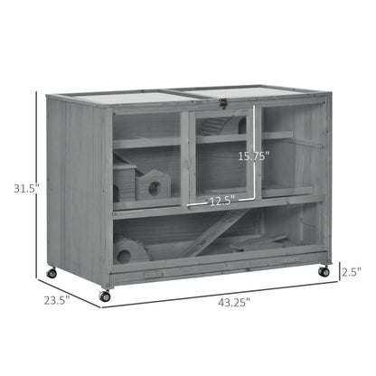 PawHut Wooden 3-Tier Hamster Cage Hutch Box with Ladder Wheels for Small Animals, Dark Gray