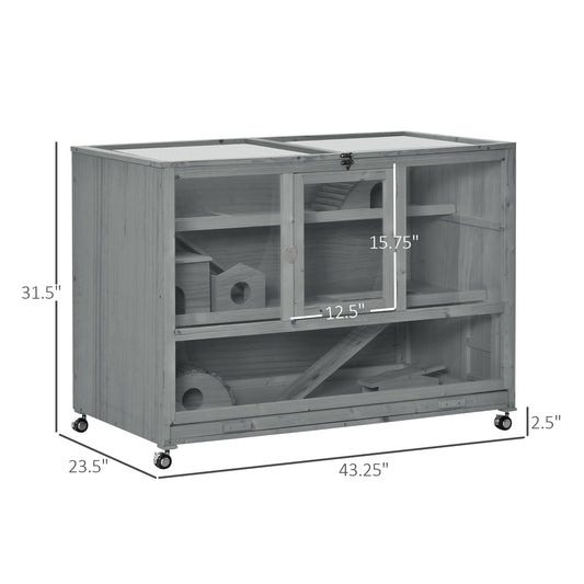 PawHut Wooden 3-Tier Hamster Cage Hutch Box with Ladder Wheels for Small Animals, Dark Gray
