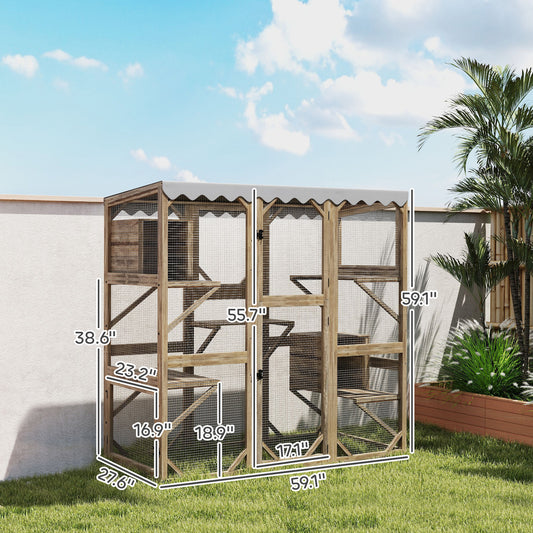 PawHut Outdoor Cat Enclosure with Window Access, 5 Platforms and 2 Resting Boxes, Waterproof Roof for Multiple Cats, Brown