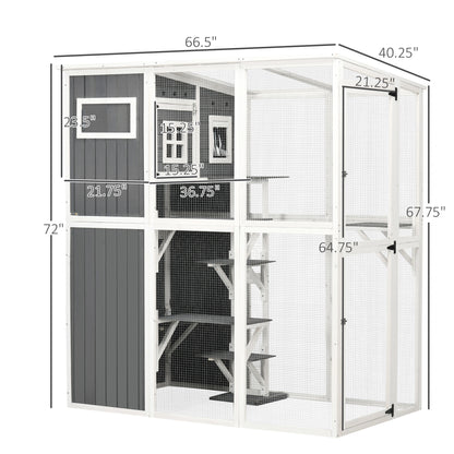 PawHut Catio Outdoor Cat Enclosure Large Cat House Outdoor Wooden Walk-in Kitten Feral Cat Shelter, for Multiple Cats with 7 Perches, Door, Cat Condo and Weather Protection Roof, 66.5" L, Gray