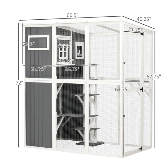 PawHut Catio Outdoor Cat Enclosure Large Cat House Outdoor Wooden Walk-in Kitten Feral Cat Shelter, for Multiple Cats with 7 Perches, Door, Cat Condo and Weather Protection Roof, 66.5" L, Gray
