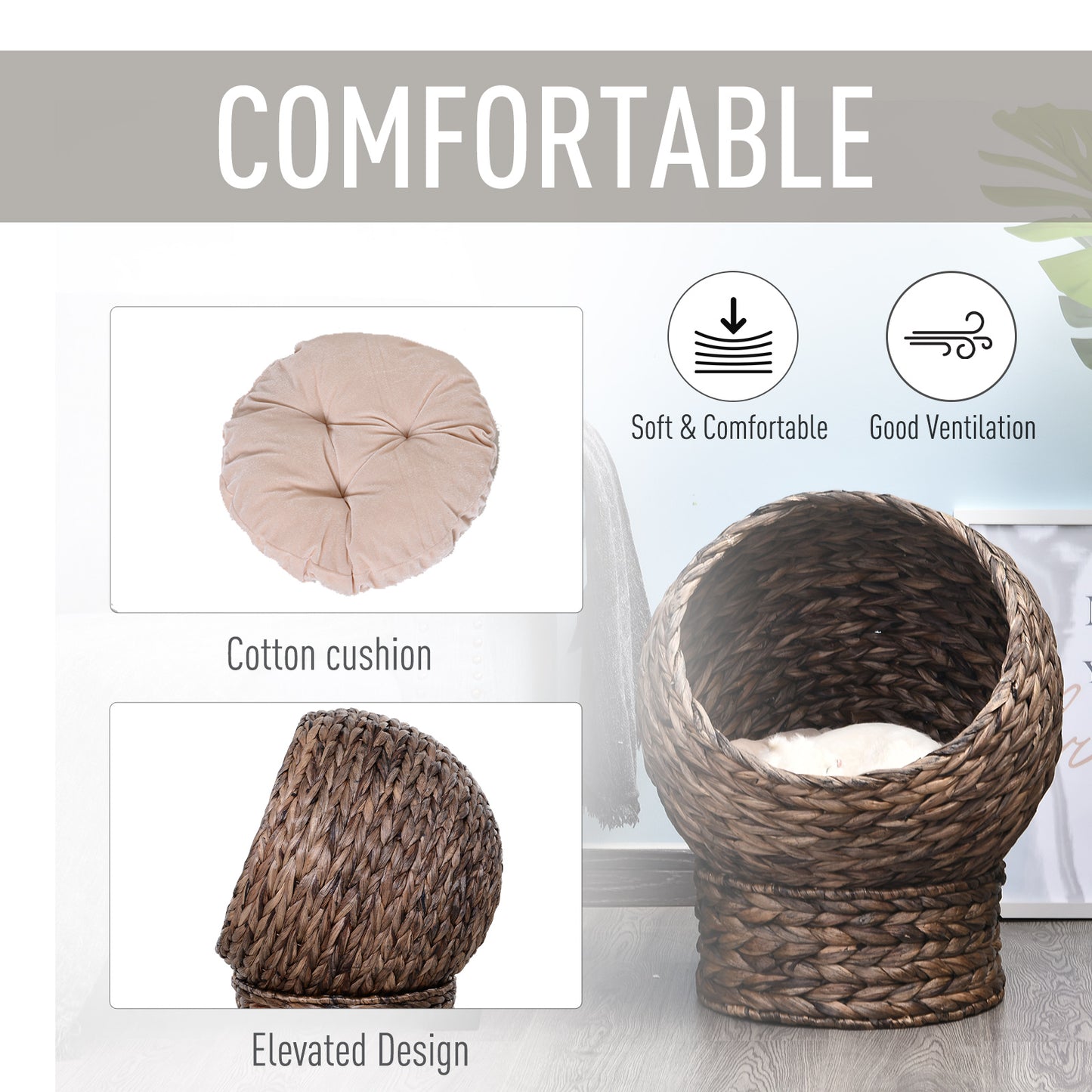 PawHut Handwoven Elevated Cat Bed with Rotating Basket and Soft Cushion, Wicker Cat Egg Chair with Stand, Brown