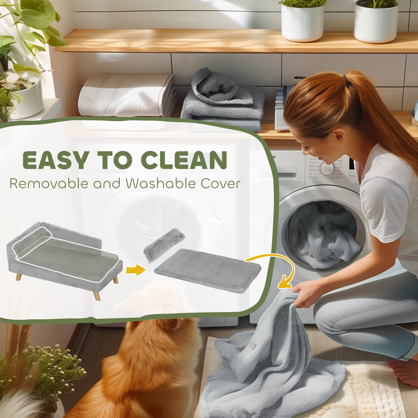 PawHut Dog & Cat Couch w/ Foam Cushion, Soft Pillow, Removable & Washable Covers, Non-slip Foot Pads for M Dogs, Light Gray