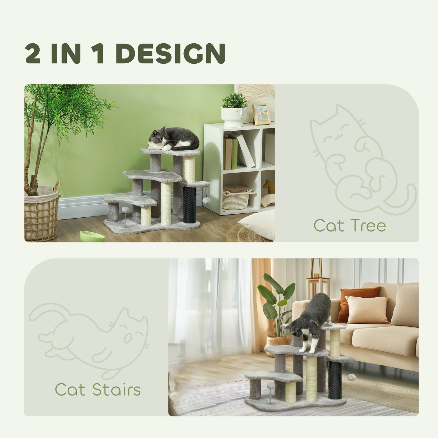 PawHut 2 in 1 Cat Tree Tower 3-Step Pet Stairs with Scratching Posts, Tickling Post, Toy Balls, for High Beds, Couch