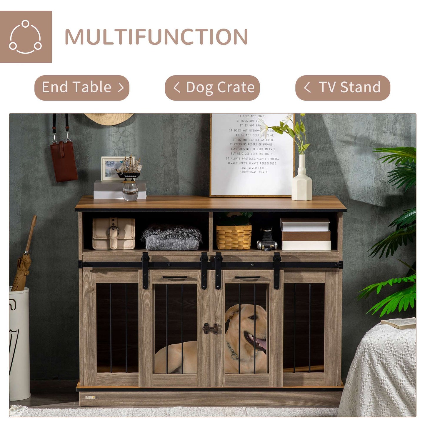 PawHut Dog Crate Furniture for Large Small Dogs, Double Dog Kennel, Oak