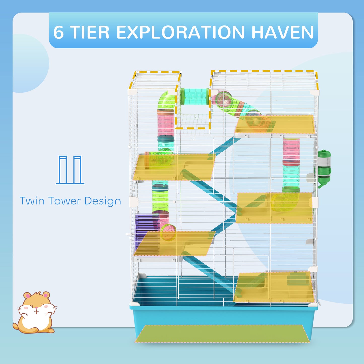 PawHut 6 Tier Hamster Cage with Tubes and Tunnels, Hut, Wheel, Food Dish, Water Bottle, Ramps, for Dwarf & Gerbil, Light Blue