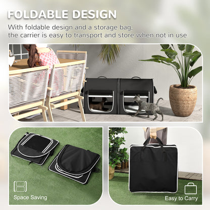 PawHut 39" Portable Soft 2 Sided Pet Cat Carrier with Divider, Two Compartment, Soft Cushions, & Storage Bag, Black
