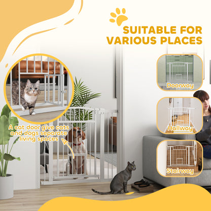 PawHut 30"-41" Extra Wide Walk Through Dog Gate w/ Cat Door, 3-Inch & 5.5-Inch Extension Kits, 30" High