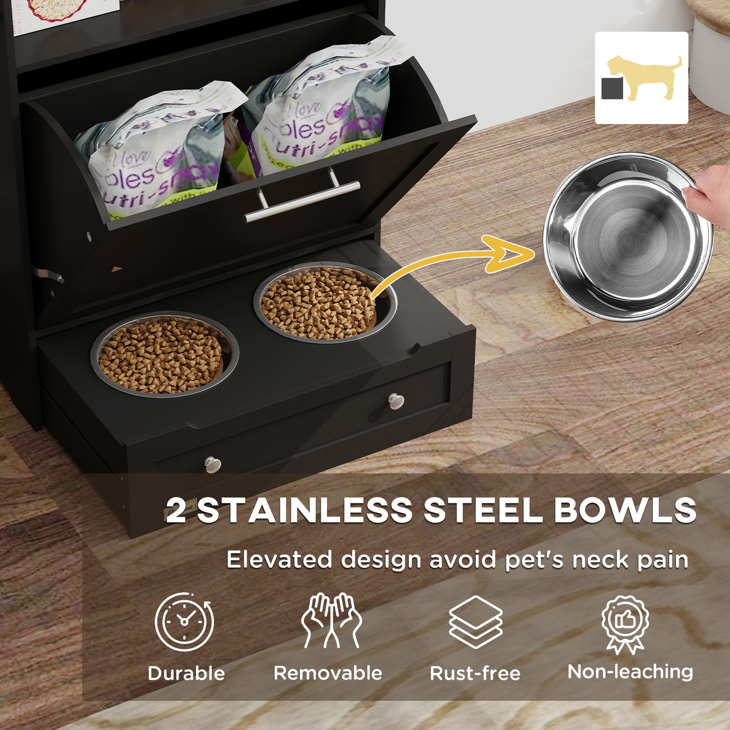 PawHut Pet Feeder Station Storage Cabinet, Dog Food Storage Container with Dog Raised Bowls, Watering Supplies, Black