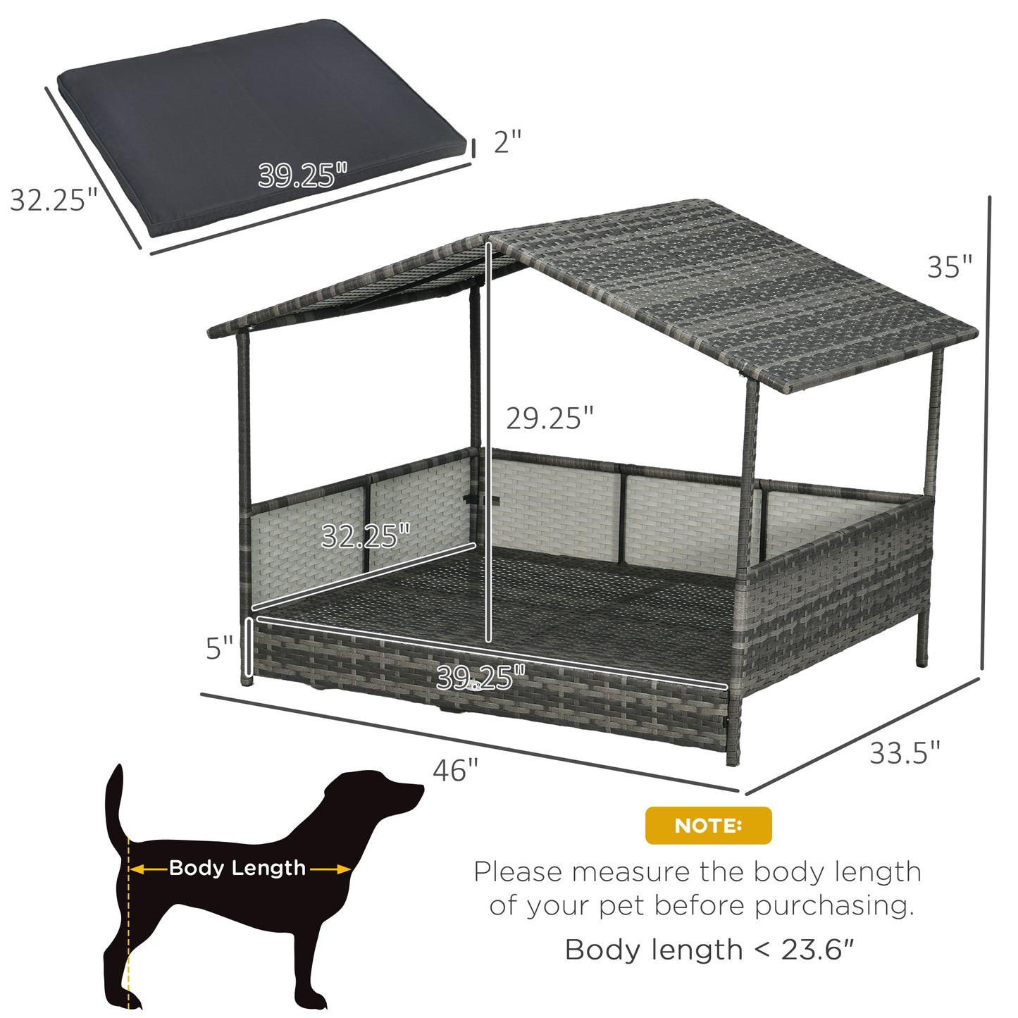 PawHut Outdoor Dog Bed with Canopy, Rattan Dog Bed with Soft Cushion Removable Cover for Medium and Large Dogs, Dark Gray