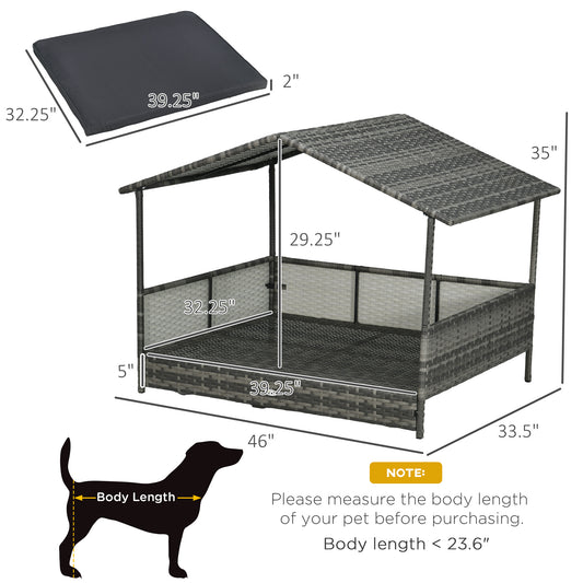 PawHut Outdoor Dog Bed with Canopy, Rattan Dog Bed with Soft Cushion Removable Cover for Medium and Large Dogs, Dark Gray