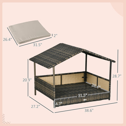 PawHut Wicker Dog House with Removable Cushion Lounge, Khaki