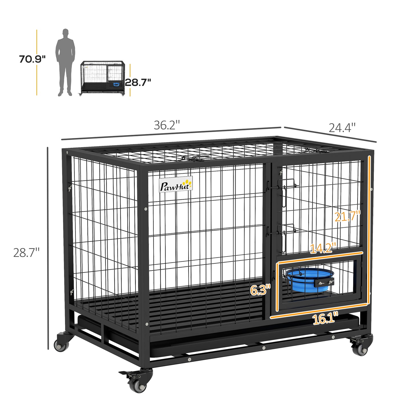 PawHut 36" Heavy Duty Dog Kennel w/ Bowl Holder, Wheels, Openable Top, Removable Tray for Medium & Large Dogs, Black