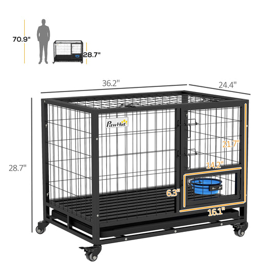 PawHut 36" Heavy Duty Dog Kennel w/ Bowl Holder, Wheels, Openable Top, Removable Tray for Medium & Large Dogs, Black
