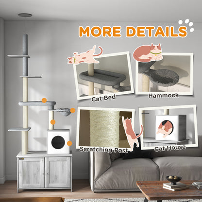 PawHut 2 in 1 Floor to Ceiling Cat Tree with Litter Box Enclosure, Condo, Bed, Hammock, Scratching Posts, and Platforms, Gray