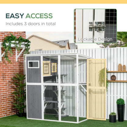 PawHut Catio Outdoor Cat Enclosure Large Cat House Outdoor Wooden Walk-in Kitten Feral Cat Shelter, for Multiple Cats with 7 Perches, Door, Cat Condo and Weather Protection Roof, 66.5" L, Gray