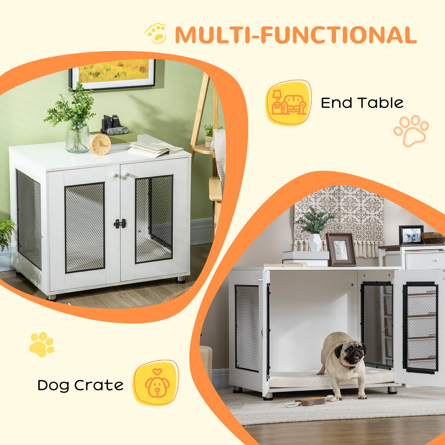 PawHut Dog Crate Furniture with Water-resistant Cushion, Dog Crate End Table with Double Doors, Indoor Pet Crate for Small Medium Dogs Indoor Use, White