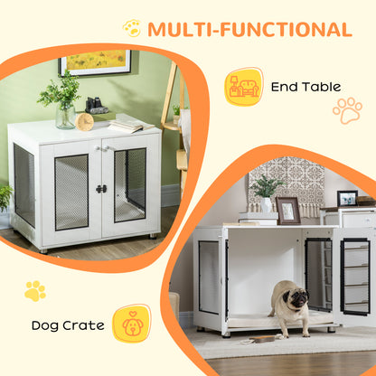 PawHut Dog Crate Furniture with Water-resistant Cushion, Dog Crate End Table with Double Doors, Indoor Pet Crate for Small Medium Dogs Indoor Use, White