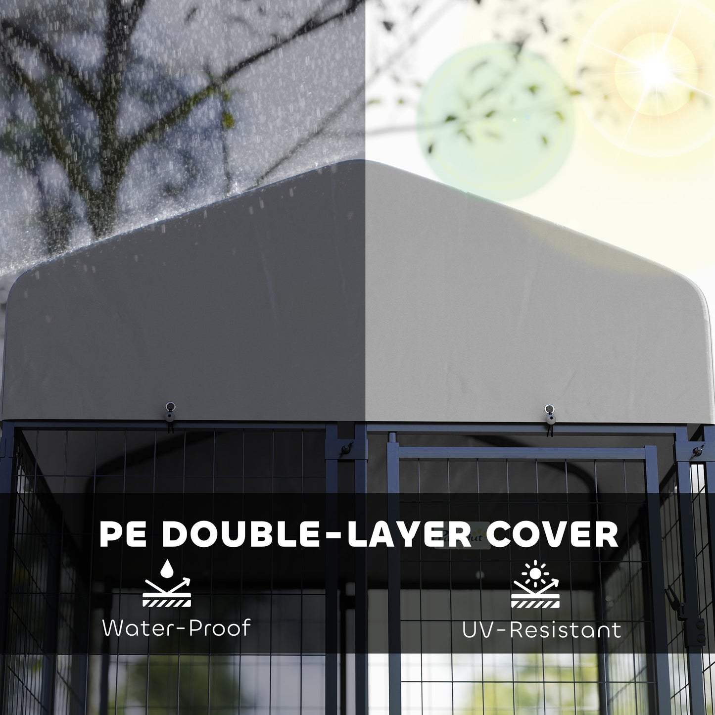 PawHut Welded Wire Outdoor Dog Kennel with 360° Rotating & 4 Levels Adjustable Bowls, Waterproof Cover, 3.9' x 3.9' x 4.5'