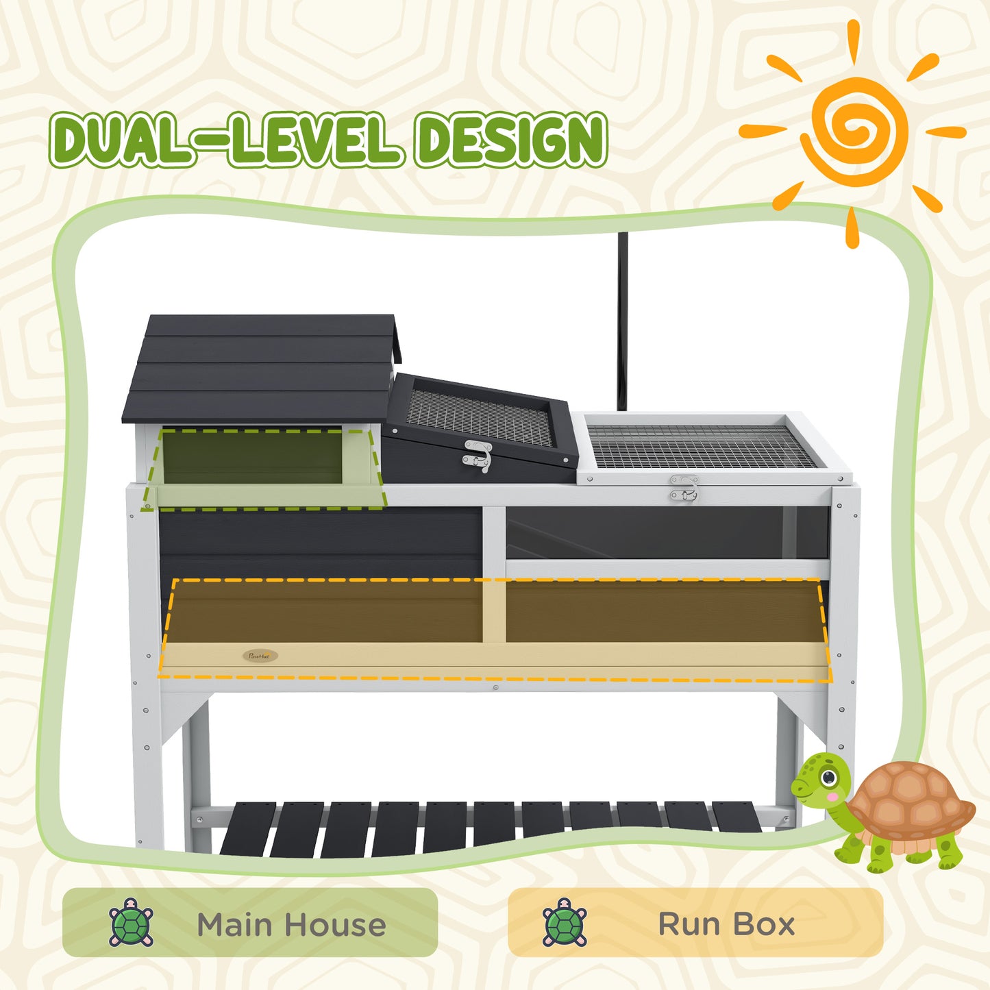 PawHut Tortoise Enclosure Tortoise House w/ Adjustable Lamp Holder, Storage Shelf, Removable Main House, Openable Lid, Gray