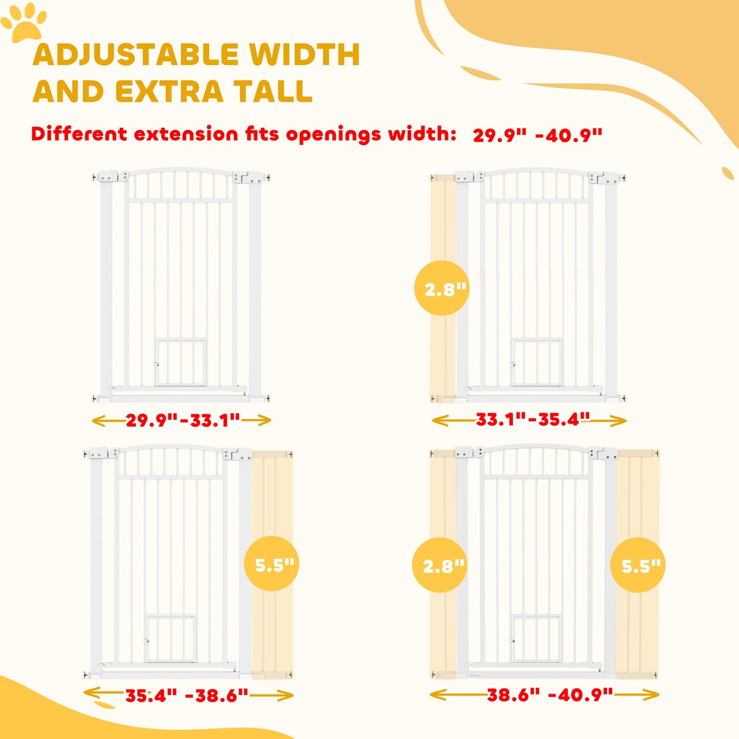 PawHut 30"-41" Extra Wide Walk Through Dog Gate w/ Cat Door, 3-Inch & 5.5-Inch Extension Kits, 42" High