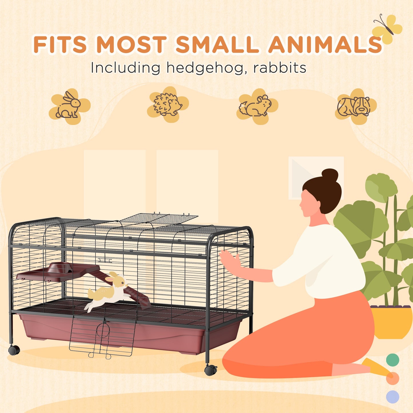 PawHut 48″ Small Animal Cage w/Wheels, Ramp & Feeder