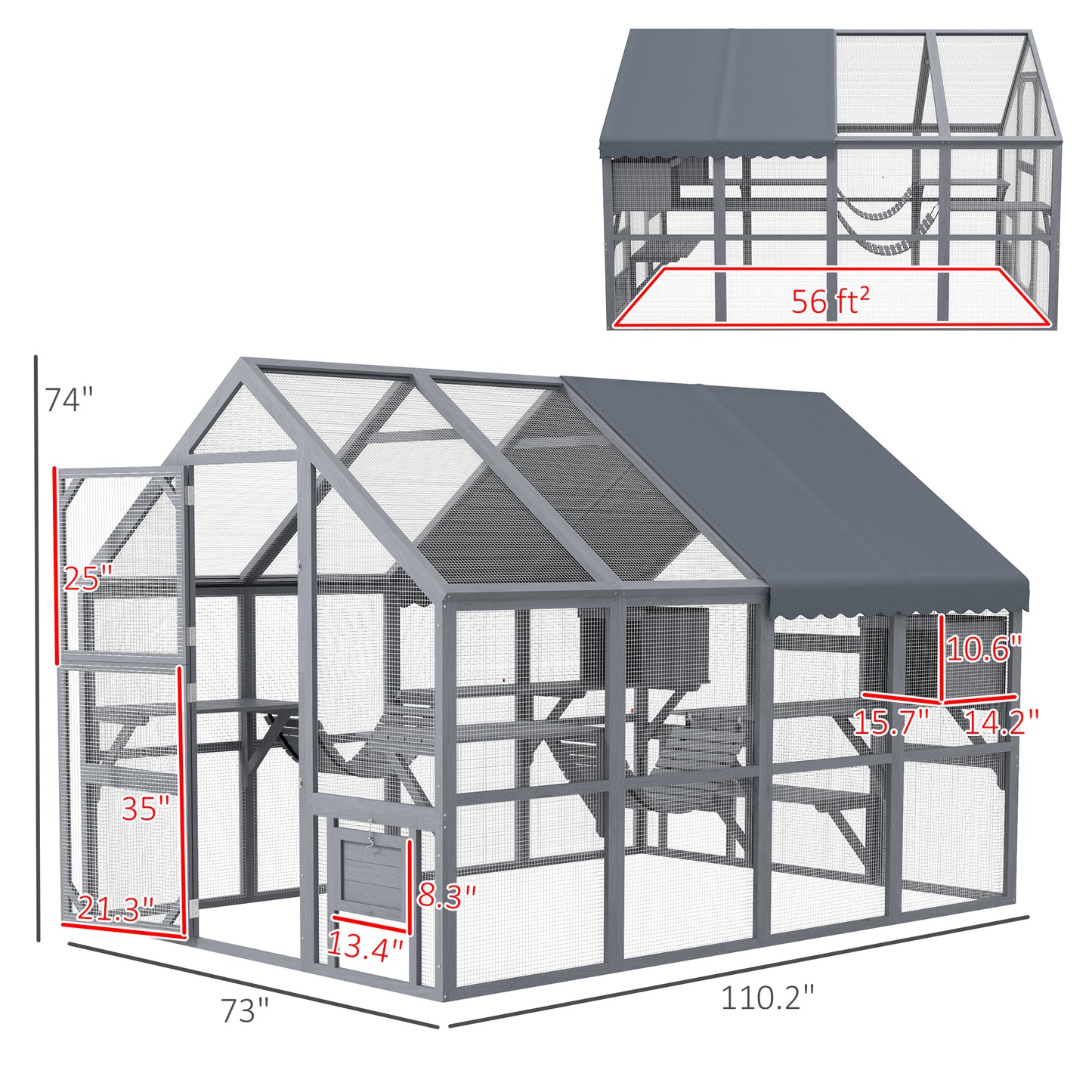 PawHut Wooden Catio Outdoor Cat Enclosure with Waterproof Cover, 2 Condos, 6 Platforms, Bridge, Doors, Gray