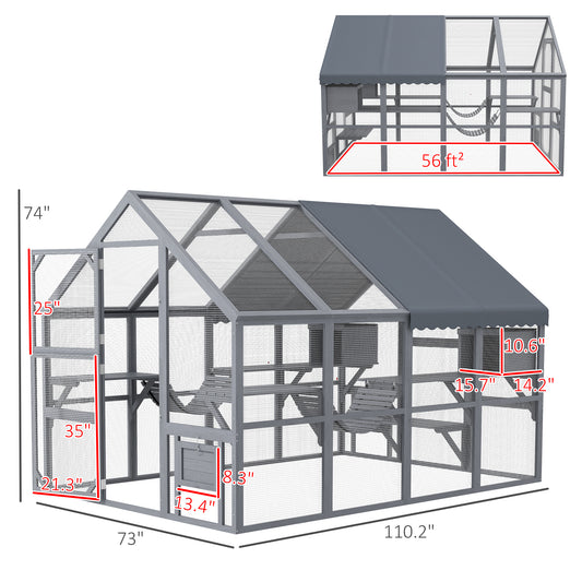 PawHut Wooden Catio Outdoor Cat Enclosure with Waterproof Cover, 2 Condos, 6 Platforms, Bridge, Doors, Gray