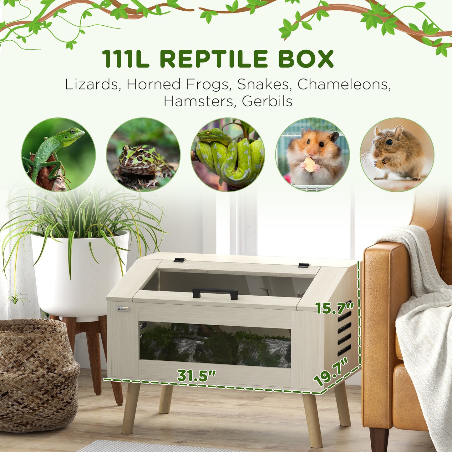 PawHut 30 Gallon Reptile Tank, Top Opening Reptile Enclosure with Glass Windows for Snakes, Lizards Horned Frogs & Chameleons