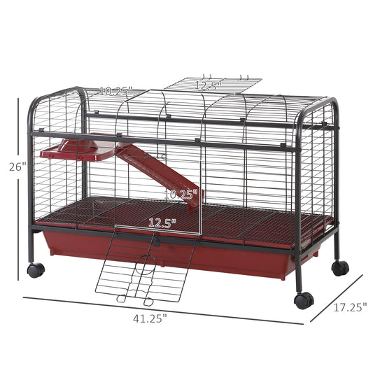 PawHut 41"L Small Animal Cage, Pet Play House for Rabbit Hutch Ferret with Feeder, Rolling Wheels, Platform, Ramp