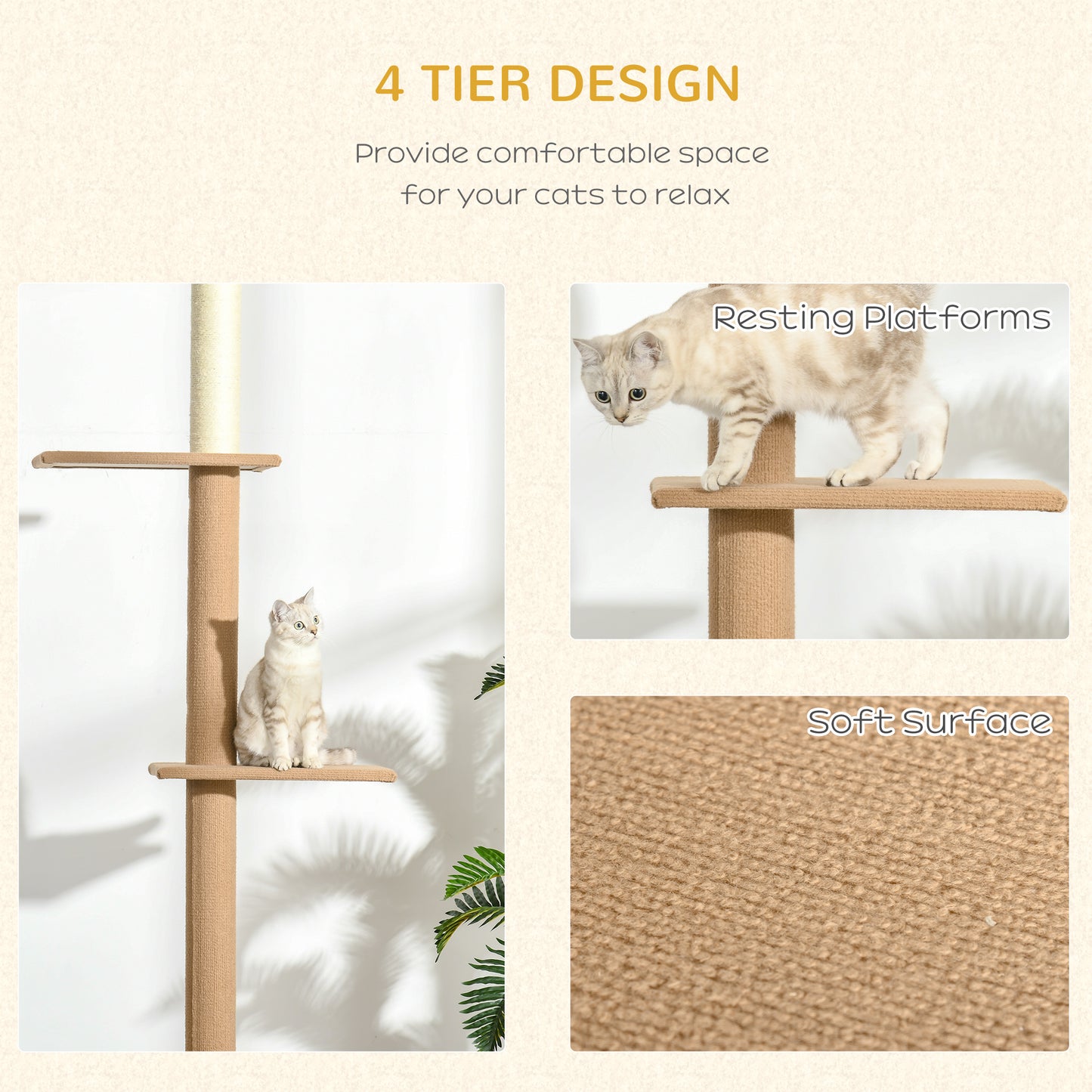 PawHut Floor-to-Ceiling Cat Tree Cat Climbing Tower with Sisal-Covered Scratching Posts Natural Cat Tree Activity Center for Kittens Cat Tower Furniture, Light brown
