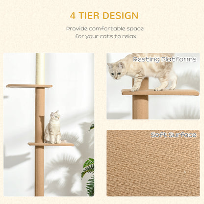 PawHut Floor-to-Ceiling Cat Tree Cat Climbing Tower with Sisal-Covered Scratching Posts Natural Cat Tree Activity Center for Kittens Cat Tower Furniture, Light brown