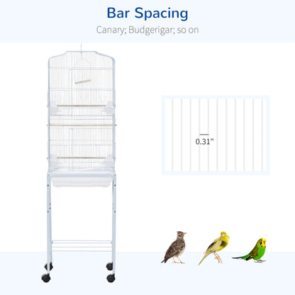 PawHut 60" Metal Indoor Bird Cage Starter Kit with Detachable Rolling Stand, Storage Basket, and Accessories, White