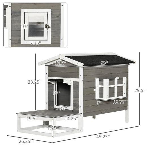 PawHut Wooden Cat House Outdoor with Door, Weatherproof 2-Floor Feral Cat Shelter with Asphalt Roof, Balcony, Dark Gray