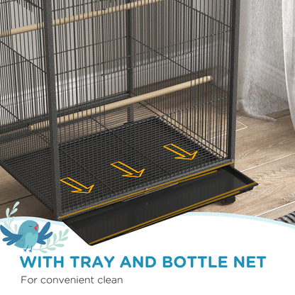 Pawhut Metal Bird Cage with Stand for Parrots, Lovebirds, Finches, Gray